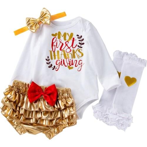 Baby Set Gold Girl Outfit Clothes 4pcs Thanksgiving Sets White Rompers Golden Ruffle Bloomers Daddys Girl Shorts Shoes Headband