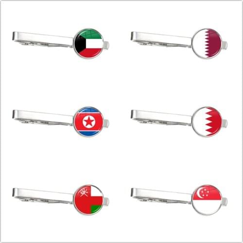 Kuwait,Qatar,North Korea,Bahrain,Oman,Singapore National Flag Glass Cabochon Tie Clip Ornament for Male Gentleman Gift