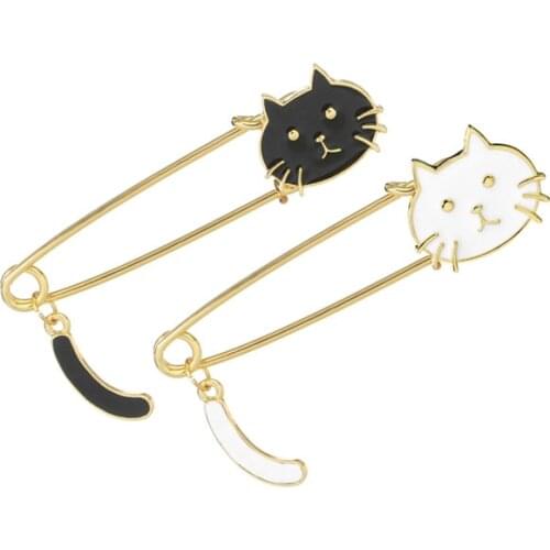 Cartoon Black White Cat Kitten Face Tail Metal enamel Brooch Pin button Badge Sweater bag accessories women Jewelry trinket