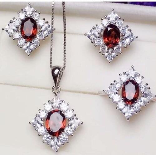 Natural real garnet jewlery set 1pc pendant,1pair stud earring,1pc pendant 925 sterling silver 1.4ct*4pcs gemstone #XY18101905