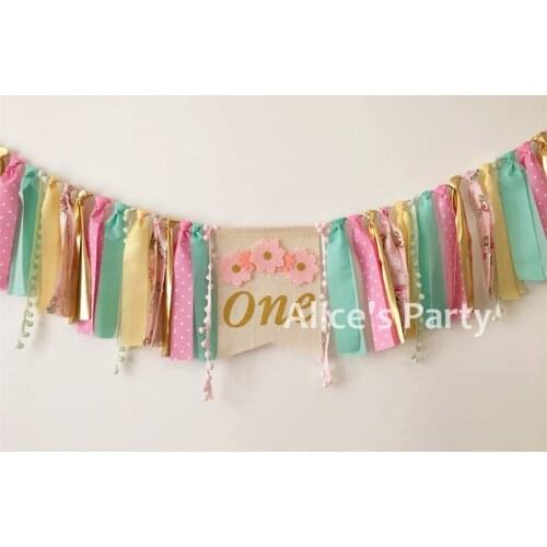 New Gold one Pink Flower Girl First Birthday Party Highchair Banner Garland Boho Wild One Pompons Aqua Bunting Photo Props