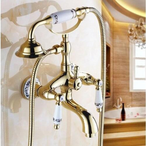 Luxury Gold Color Brass Dual Ceramic Handles Clawfoot Bathroom Wall Mounted Handheld Shower Bath Tub Faucet Mixer Tap atf410
