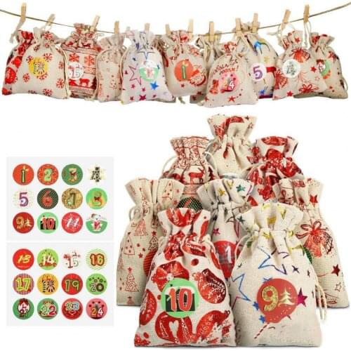 1 Set Christmas Calendar Gift Bag Cartoon Linen DIY Halloween Drawstring Pocket Printing Candy Gift Holders for Holiday Supplies