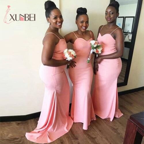 Sexy African Mermaid Pink Bridesmaid Dresses Long Spaghetti Straps Satin Prom Dress Backless Wedding Party Gown