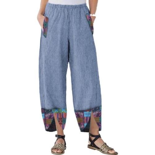 Loose Pants Women Printed Patchwork Bohemia Wide Leg Pockets Irregular Trousers Irregular Patchwork Pants Beach Party XXXL