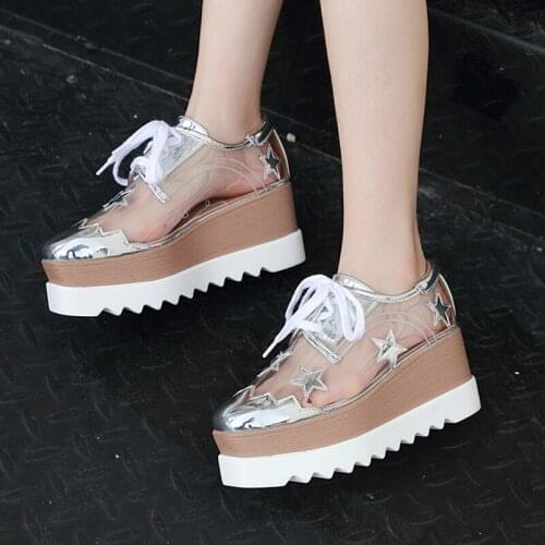 Women Shoes High Heel Gold Platform Heels Womens Lace Up Transparent Shoes Casual Creepers Wedges Shoes For Women Silver Shoes
