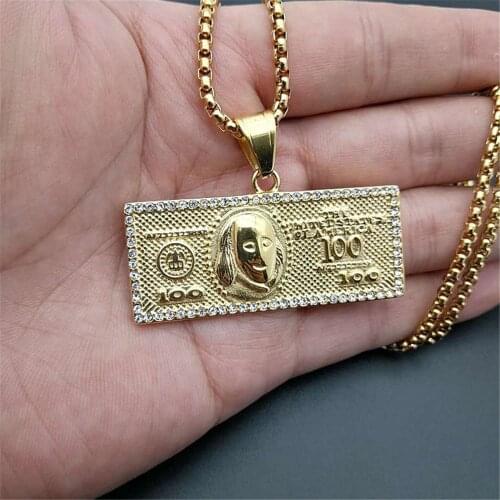 Hip Hop $100 Dollar Money Coin Necklaces Pendants Gold Color Stainless Steel Iced Out Rhinestones Chains For Men Jewelry Gift