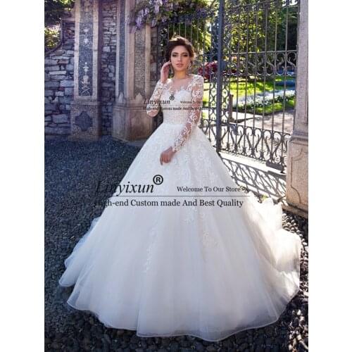 Vintage Long Sleeve Lace Wedding Dresses Princess 2021 New Boat Neck A Line Bride Dress Court Train Wedding Gowns Plus Size