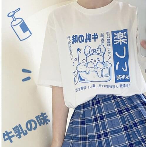 Japanese Harajuku Kawaii Tops Cute Sweet Bear Letter Cotton T-shirt Short-Sleeve Ulzzang Casual Loose Milk Cartoon Tees T-shirts