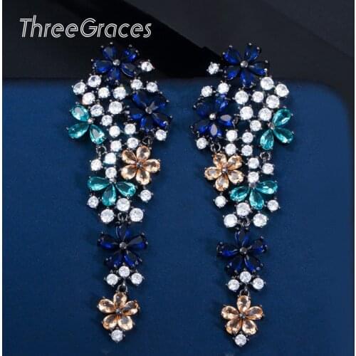 ThreeGraces Classic Silver Plant Flower Multicolor Zircon Crystal Long Dangling Earrings for Women pendientes mujer moda ER382
