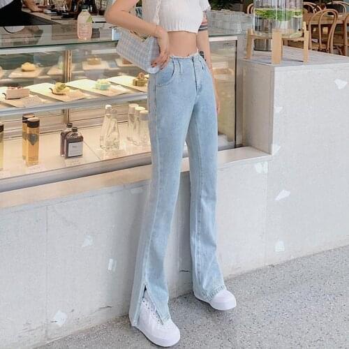 Womens Trumpet Raw Hem Jeans Spring Summer 2021 High Waist Vintage Split Flare Pants For Women Casual Floor Length Pants Feme
