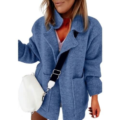 Women Cardigan Open Front Long Sleeve Cardigan Autumn Winter Cotton Acrylic Fiber Two Pockets Lapel Sweater Coat Female Knitwear
