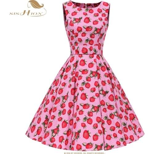 SISHION Strawberry Cherry Print Dress Women Sleeveless 1950s 1960s Large Swing Cotton Polka Dot Vintage Dresses VD0773