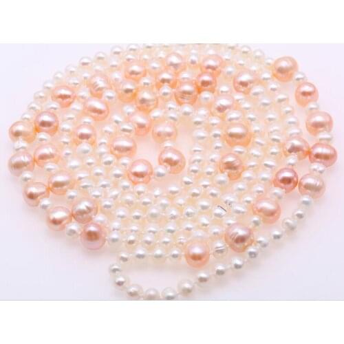 100INCH 255CM Women Jewelry natural pear 5mm white 10MM pink pearl mixed necklace Natural freshwater pearl