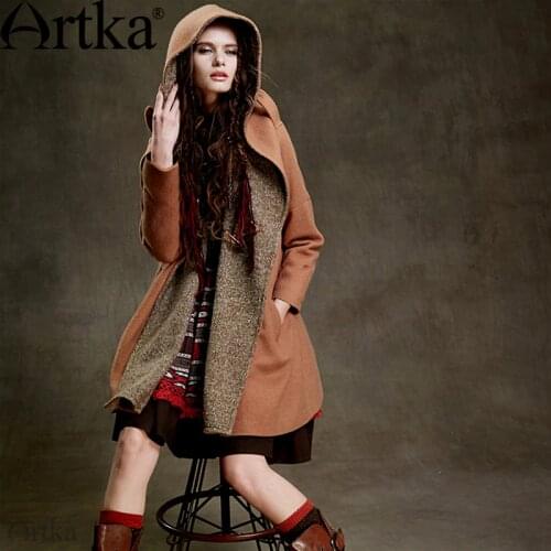 ARTKA Womens Autumn&Winter New Knitted Patchwork Woolen Coat Vintage Hooded Batwring Sleeve Single Botton Coat FA15155D