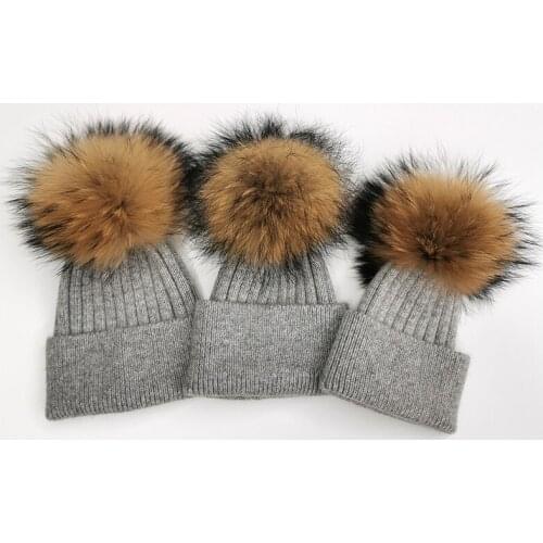Winter Three Size Soft Angora Knitted Fur Pom Pom Beanie Hat For Fashion Boy Girls