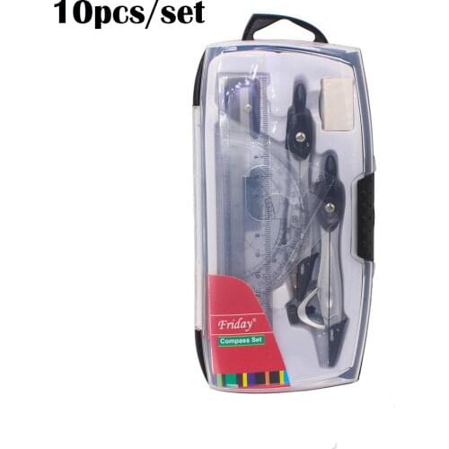 10pcs/set Metal Drawing Compasses Geometry Protractor Ruler EraserSet School Stationery Drafting Tools Office Stationery