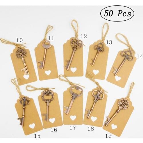 50Pcs 10 Styles Antique Bronze Metal Skeleton Key Shape Bottle Opener Rustic Wedding Souvenir Decor Gift Party Favor Supplies