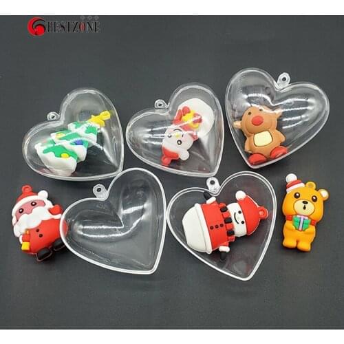 6Pcs 2.36'' Plastic Christmas Hanging Balls Heart Shaped Clear With Different Rubber Toys Festival Tree Decorations For New Year