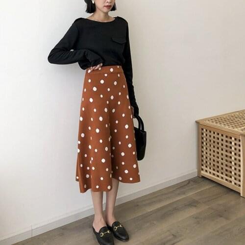 Elegant Polka Dot Print A Line Skirt 2019 Autumn Women Elastic High Waist Vintage Skirt Ladies Bodycon Office Midi Skirt DD2396