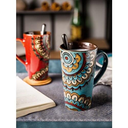 Porcelain cup with lid spoon Mug large capacity couple cup creative coffee cup retro style drinking water cup household