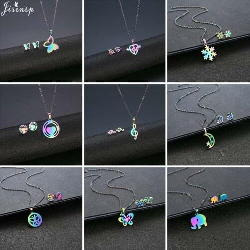 Jisensp Stainless Steel Jewelry Sets Korean Fashion Music Note Pendant Necklace Earrings Colorful Butterfly Necklace for Women