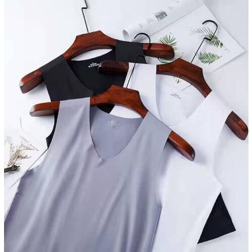 Mens Seamless Ice Silk Vest T-shirt Summer Youth v-neck Slimming Exercise Fitness Breathable Bottoming Shirt Tank Tops Men