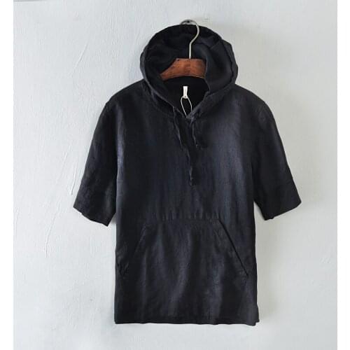 New design brand half sleeve linen hooded men summer and autumn black sweatshirts men solid fashion flax hoodies male sudaderas