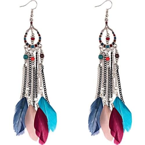 2020New Vintage Purple Bohemian Boho Multicolor Rhinestone Crystals Feather Tassel Hollow Hook Earrings Handmade