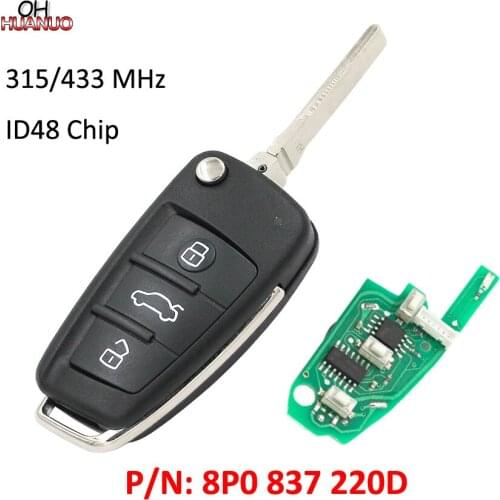Upgraded Folding Remote Key 3 Button 315MHz or 433MHz with ID48 Chip for Audi A3 TT 2004-2013 8P0837220D