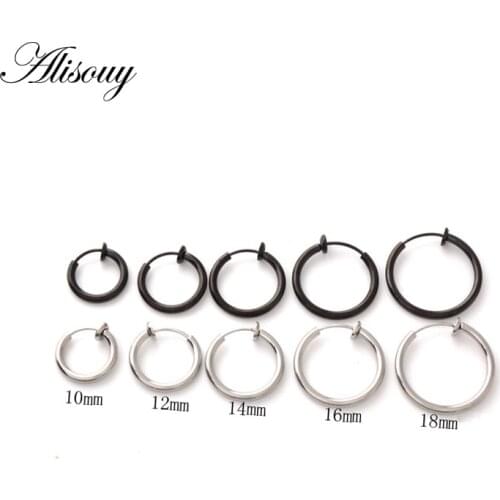 Alisouy 2Pc Medical Titanium color Black Hoop rings clip on ear jewelry Body Fake Piercing women men Hoop earring 10-18mm