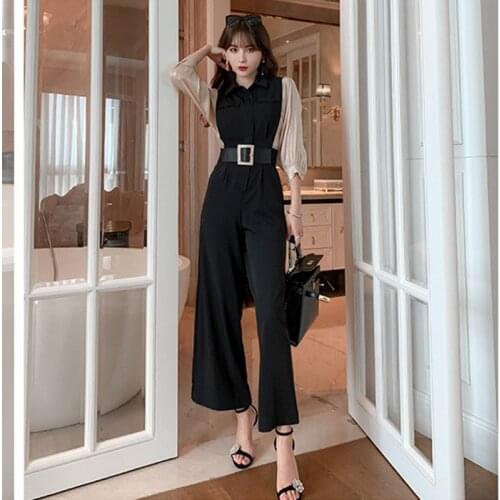 Autumn Turn-down Collar Party Catsuit Overalls Belt Bodysuit Club Pants Playsuits Rompers Long Rompers Patchwork Women Jumpsuit