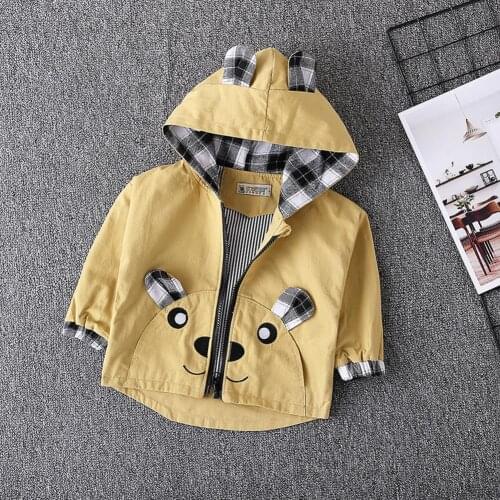 Cartoon Bear Boy Girl Hooded Coat Excellent Durable Cotton Fabric Process Plaid Jacket Children Toddler Casual Clothing