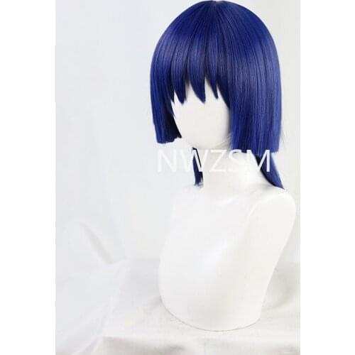 Game Genshin Impact san bing Cosplay Heat Short Blue Resistant Synthetic Hair Wig Halloween Party and Free Wig Cap