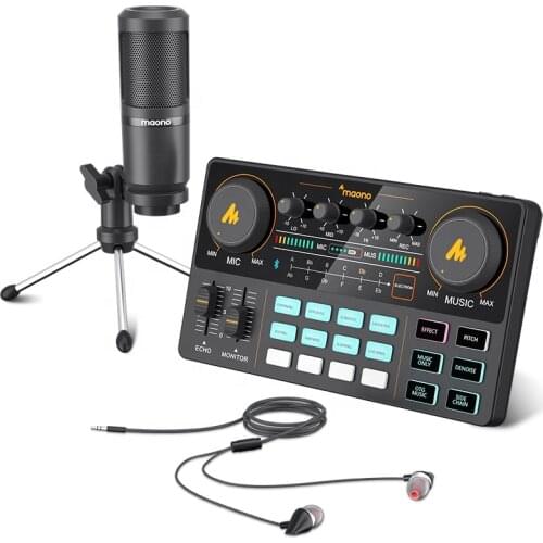 MAONOCASTER Professional Condenser Recording Studio Desktop Tripod Microphone With Sound Card and Headphone for Laptop Phones