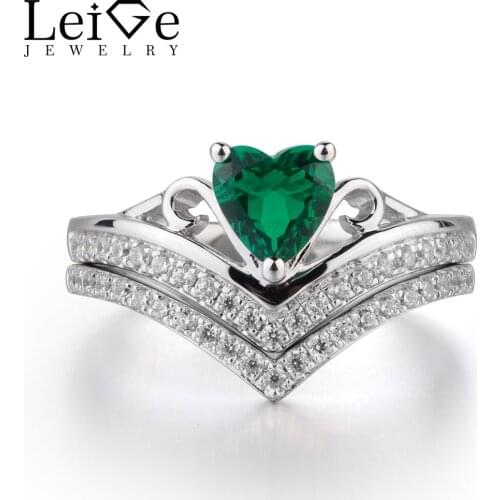 LeiGe Jewelry Emerald Wedding Rings Heart Shape Green Gemstone Rings May Birthstone Solid 925 Sterling Silver Engagement Rings