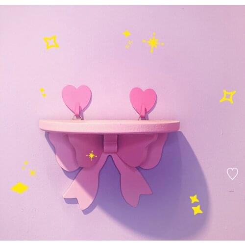 Japanese Kawaii Pink Bow Bedroom Shelves Wall-mounted Cosmetic Wooden Storage Rack Girly Heart Room Decoration Wall Shelf