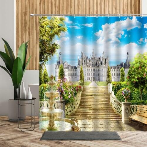 Castle Garden Shower Curtain Flowers Arch Bridge Building Scenery Bathroom Bath Decor Waterproof Summer Backdrop Fabric Curtains