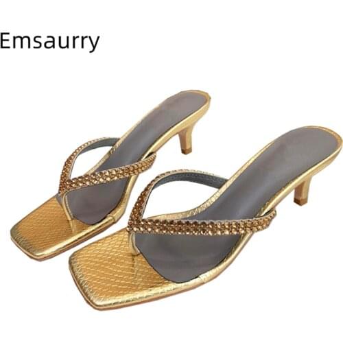 Sexy Kitten Heel Slingbacks Flip Flops Square Open Toe Jeweled Rhinestone Real Leather Summer Slip-on Sandals Women