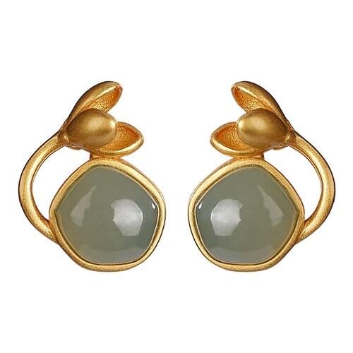 S925 sterling silver gold-plated natural Hetian gray jade Stud Earrings Vintage personality geometry flower womens earrings