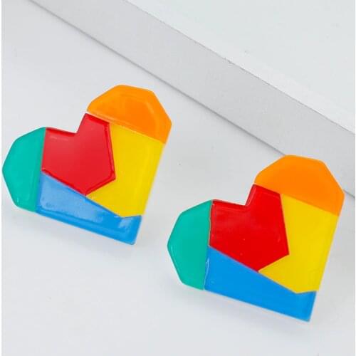 Lifefontier Korean Rainbow Color Stitching Resin Love Heart Earrings For Women Simple Candy Geometric Earrings Party Jewelry