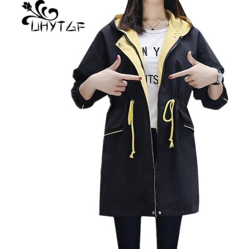 UHYTGF Female trench coat 2019 new wild fashion loose plus size tops outerwear Hooded bat sleeves autumn windbreaker womens 844