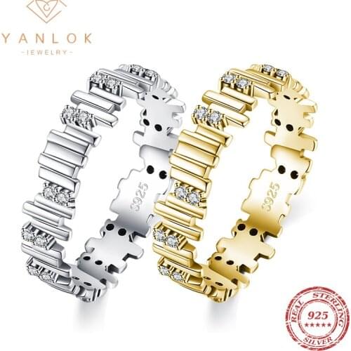 YANLOK Authentic 925 Sterling Silver Geometric Puzzle Stackable Finger Rings For Women Gold Color Wedding Engagement Jewelry