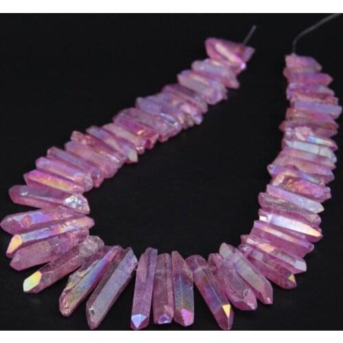 15.5"strand Purple Titanium Crystal Quartz Top Drilled Point Beads,Raw Crystal Stick Graduated Pendant Beads For Jewelry Making