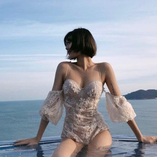 2021 New Korean One Piece Swimsuit Sexy Push Up Padded Bra Lace Swimwear Summer Solid Bathing Monokini Beachwear