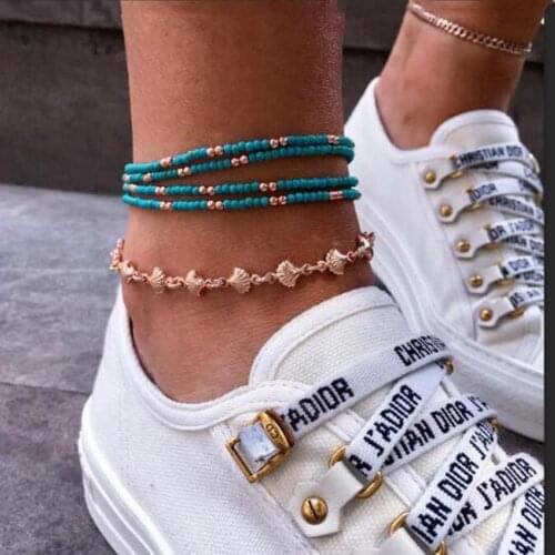 5Pcs/Set Boho Style Handmade Unisex Shell Beads Anklet Adjustable Bracelets Foot Jewelry