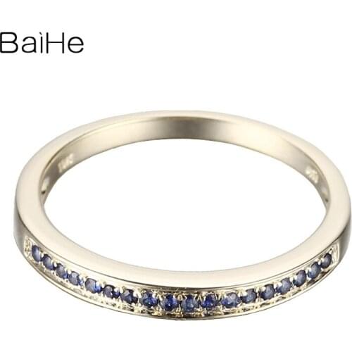 BAIHE Solid 14K Yellow Gold 0.18CT H/SI Round Genuine Sapphires Wedding Women Trendy Fine Jewelry Sapphire Ring