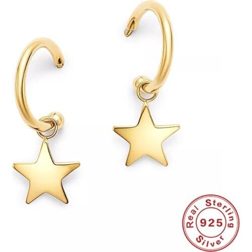 BOAKO 925 Sterling Silver Trendy Gold Color Small Star Pendant Hoop Earrings for Women Piercing Huggie C Shape Earrings Jewelry