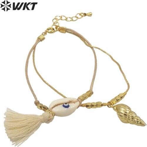 WT-MPB027 Amazing gold women tiny cowrie bracelet double layer bohemian vintage trumpet shell tassel bracelet as gift