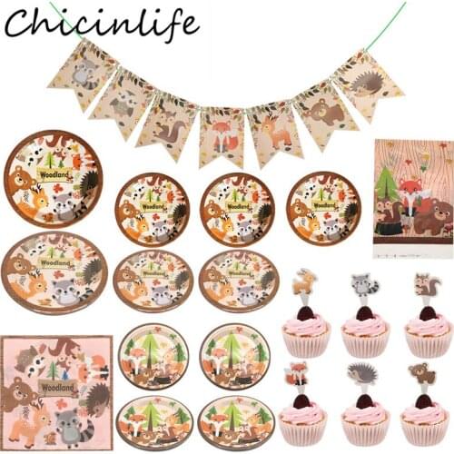 Chicinlife Woodland Animals Disposable Tableware Paper Plates Cups Napkins Banner Baby Shower Jungle Birthday Party Supplies